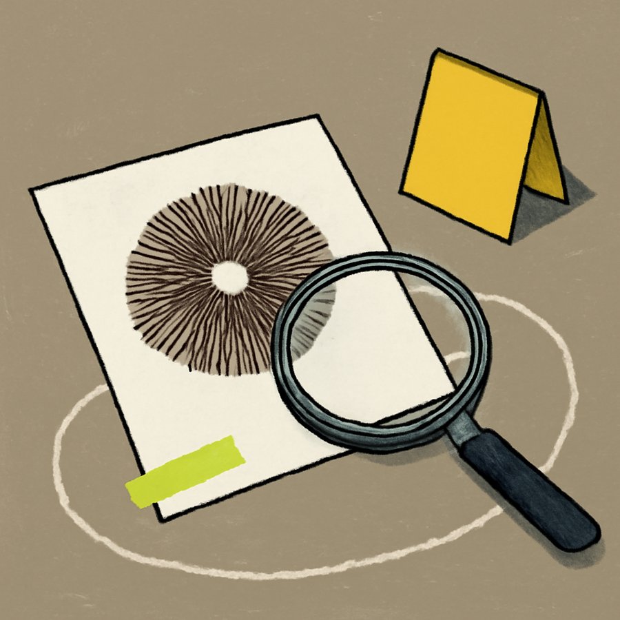 a circular spore print on a sheet of paper, circled by hand in chalk, a magnifying glass and a folded evidence marker laid out on a cluttered desk